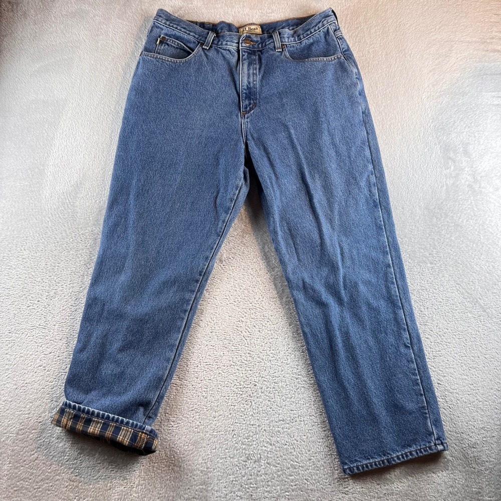 LL Bean Classic Fit Flannel Lined Jeans Mens 38x29 Med Wash Plaid Lining 100220